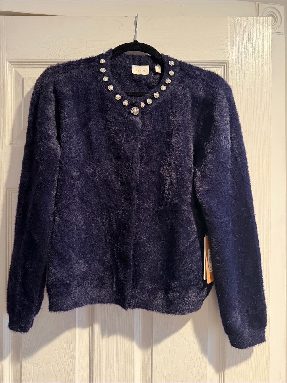 Cyrus Dark Navy Faux-Fur Jewel-Trim Crewneck Sweater